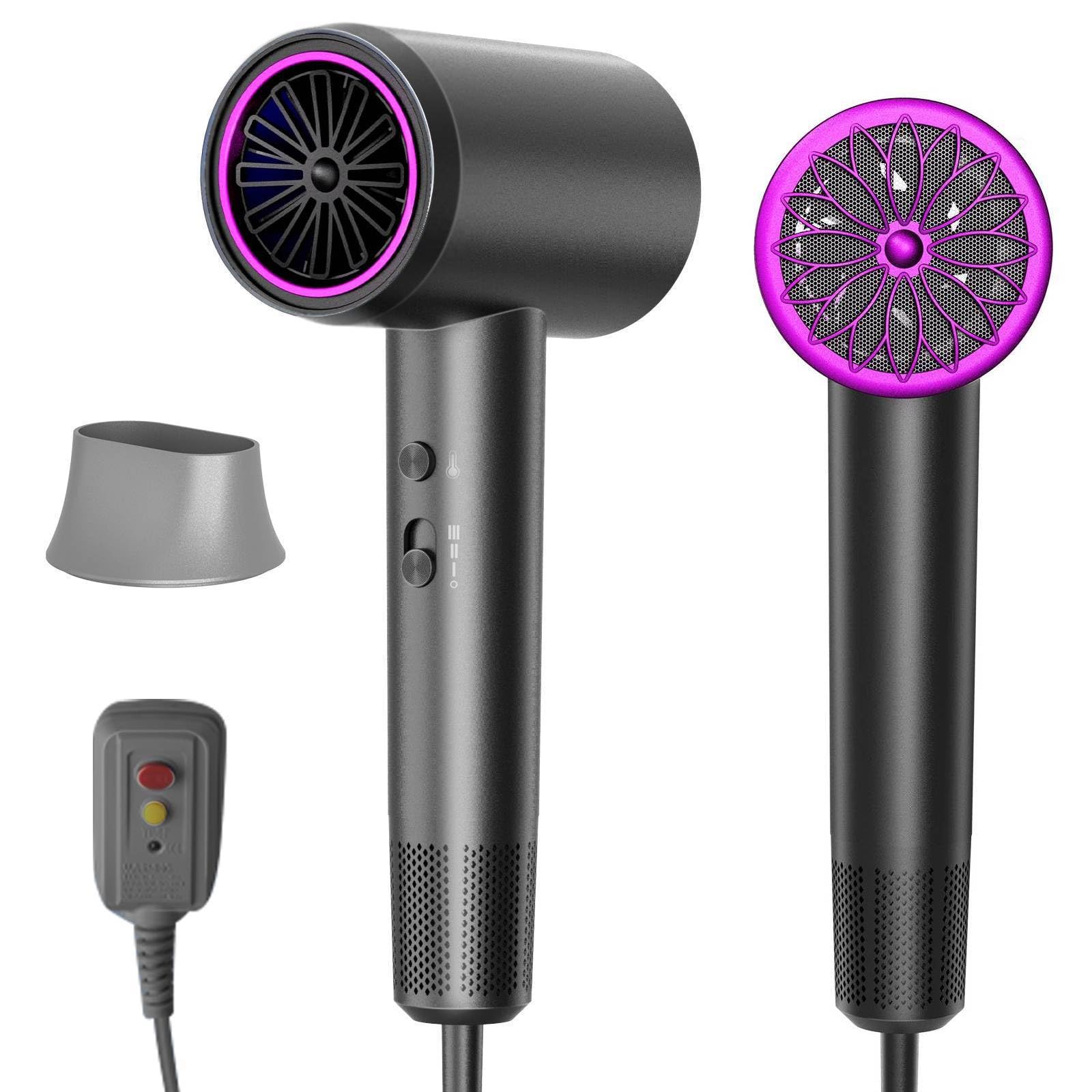 NUTROMO hair dryer front view shows sleek black design for fast daily styling.