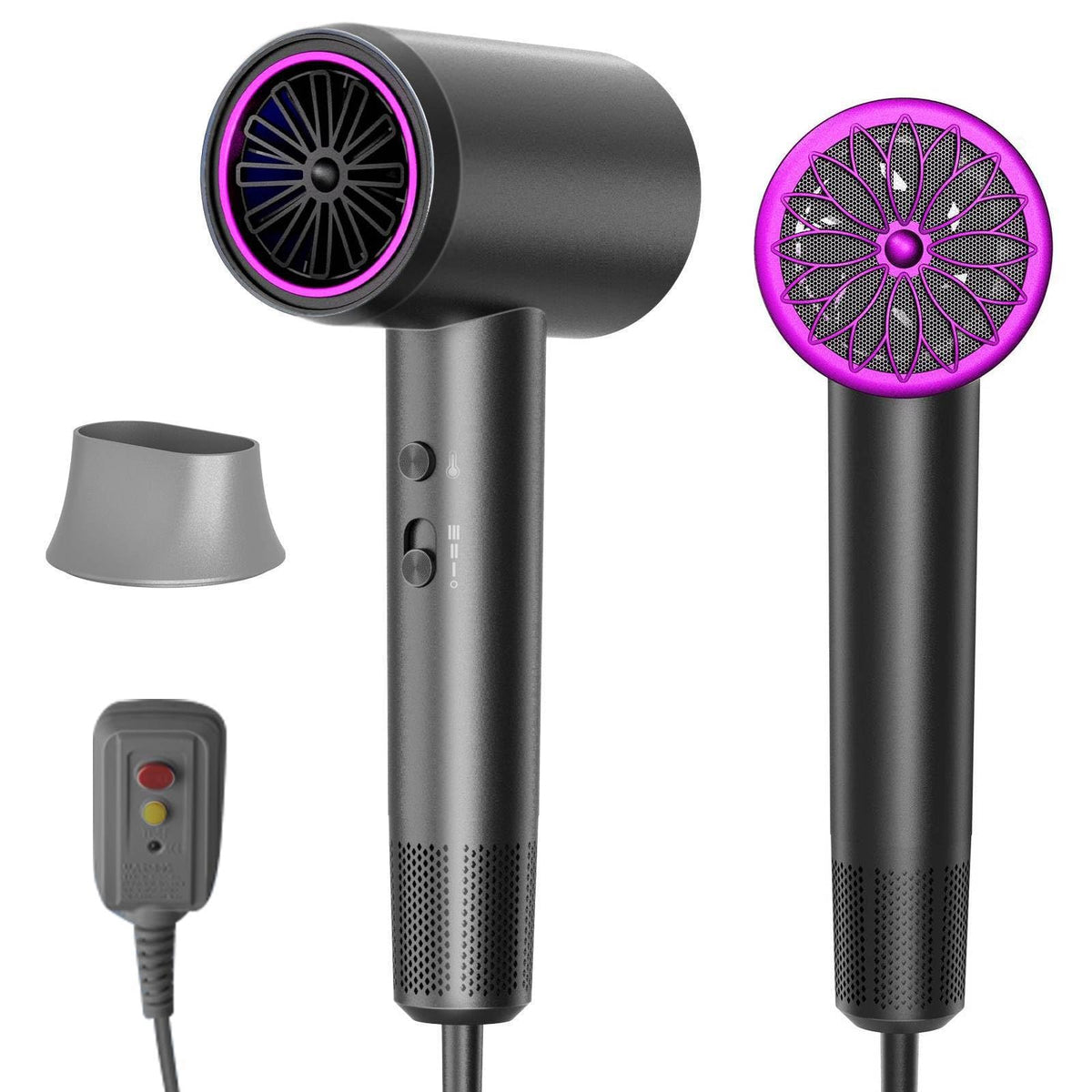 NUTROMO hair dryer front view shows sleek black design for fast daily styling.