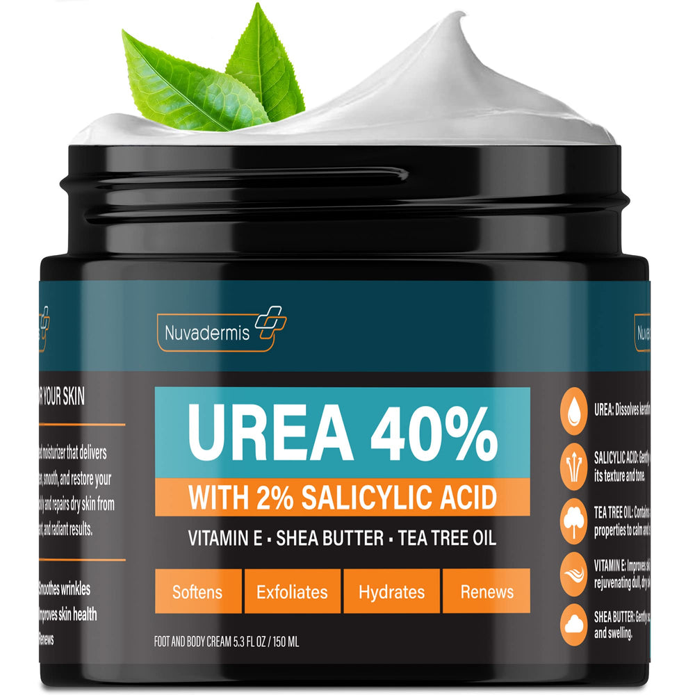NUVADERMIS 40% Urea Foot Cream bottle pour for intense hydration on dry feet.