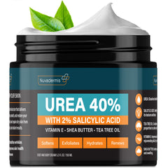 NUVADERMIS 40% Urea Foot Cream bottle pour for intense hydration on dry feet.
