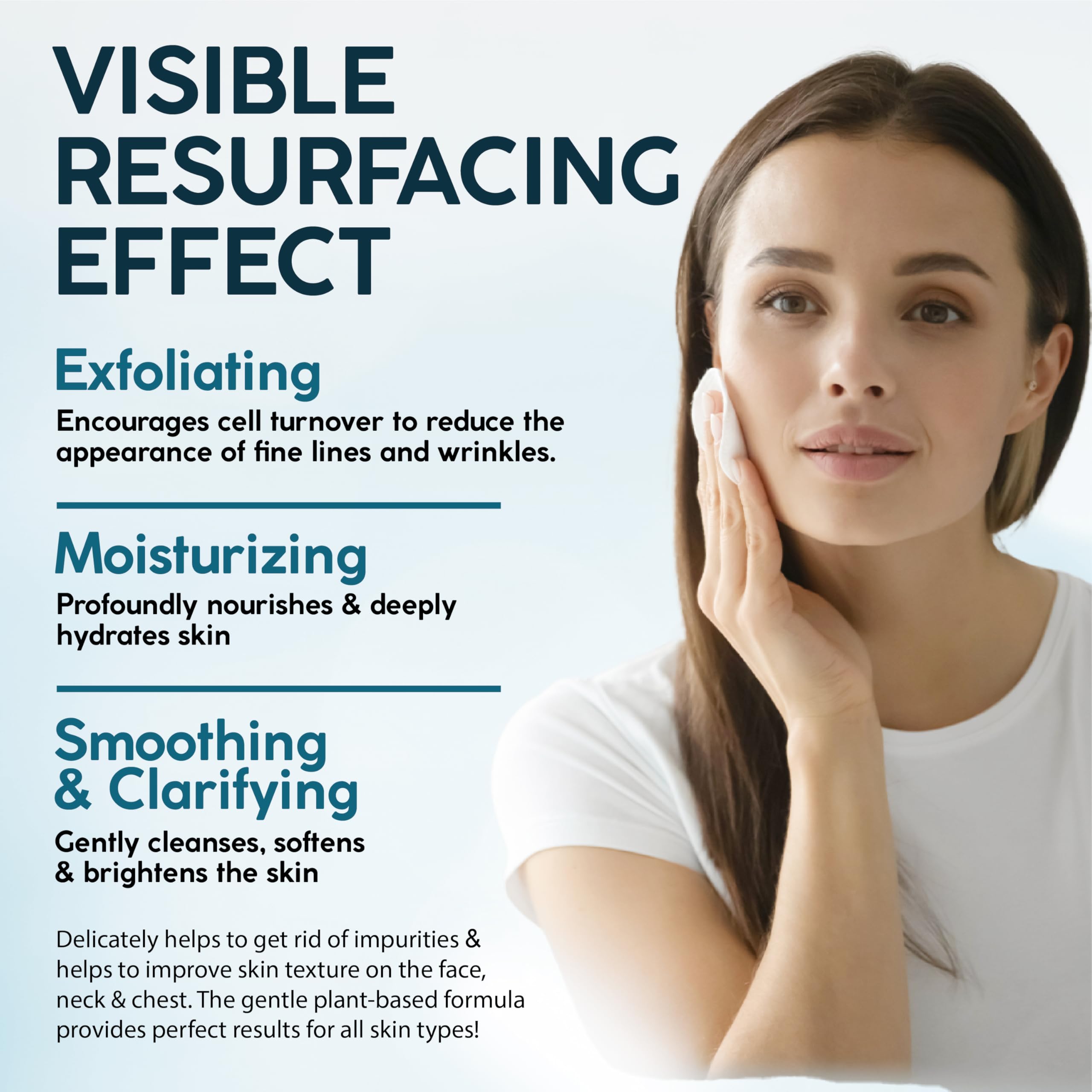 NUVADERMIS pad being used on face, neck, and chest for even-toned exfoliation.