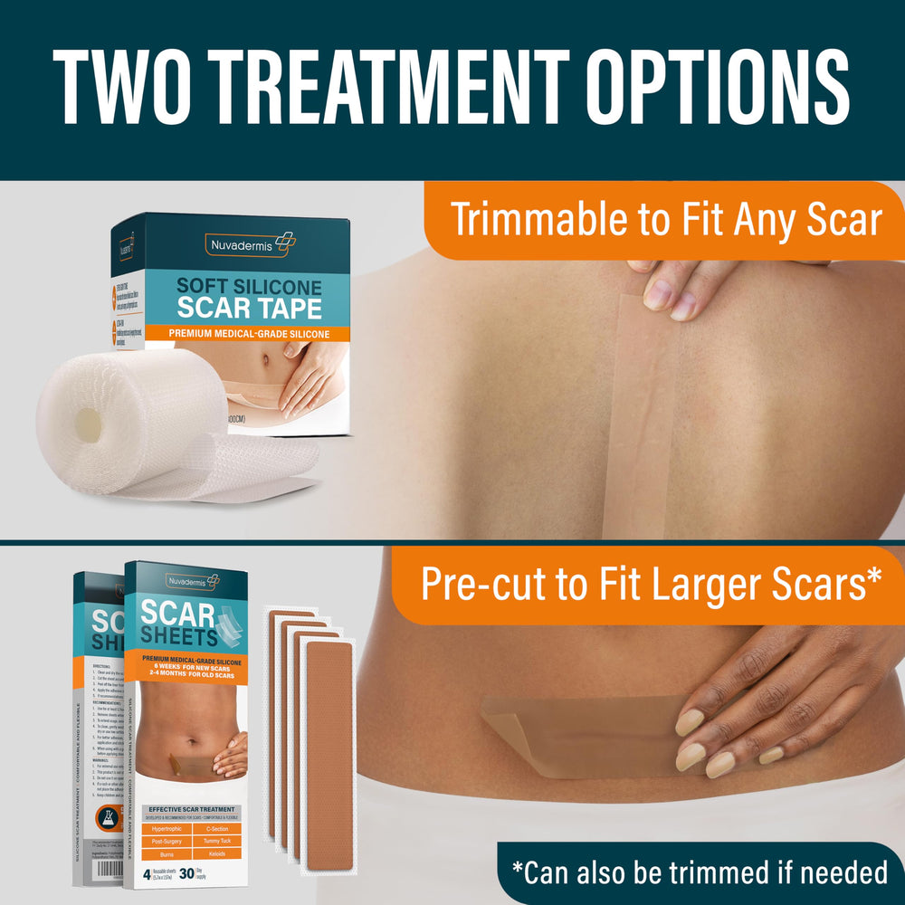 NUVADERMIS scar tape packaging view emphasizes brand reliability and third-party tested quality.