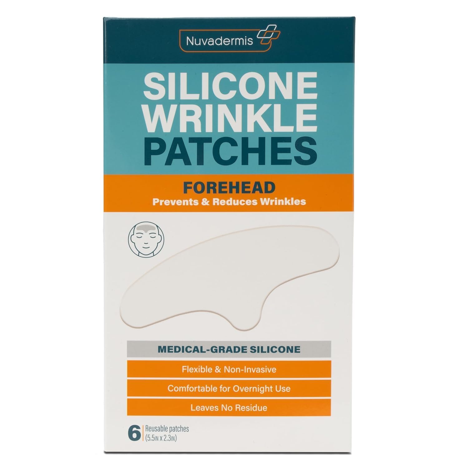 NUVADERMIS silicone forehead patches target wrinkles for overnight smoothing.