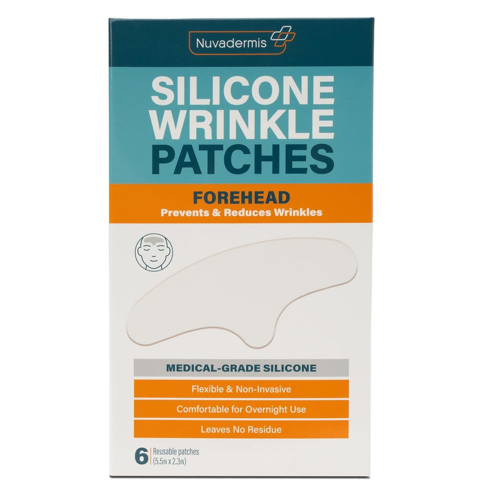 NUVADERMIS silicone forehead patches target wrinkles for overnight smoothing.