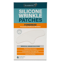 NUVADERMIS silicone forehead patches target wrinkles for overnight smoothing.
