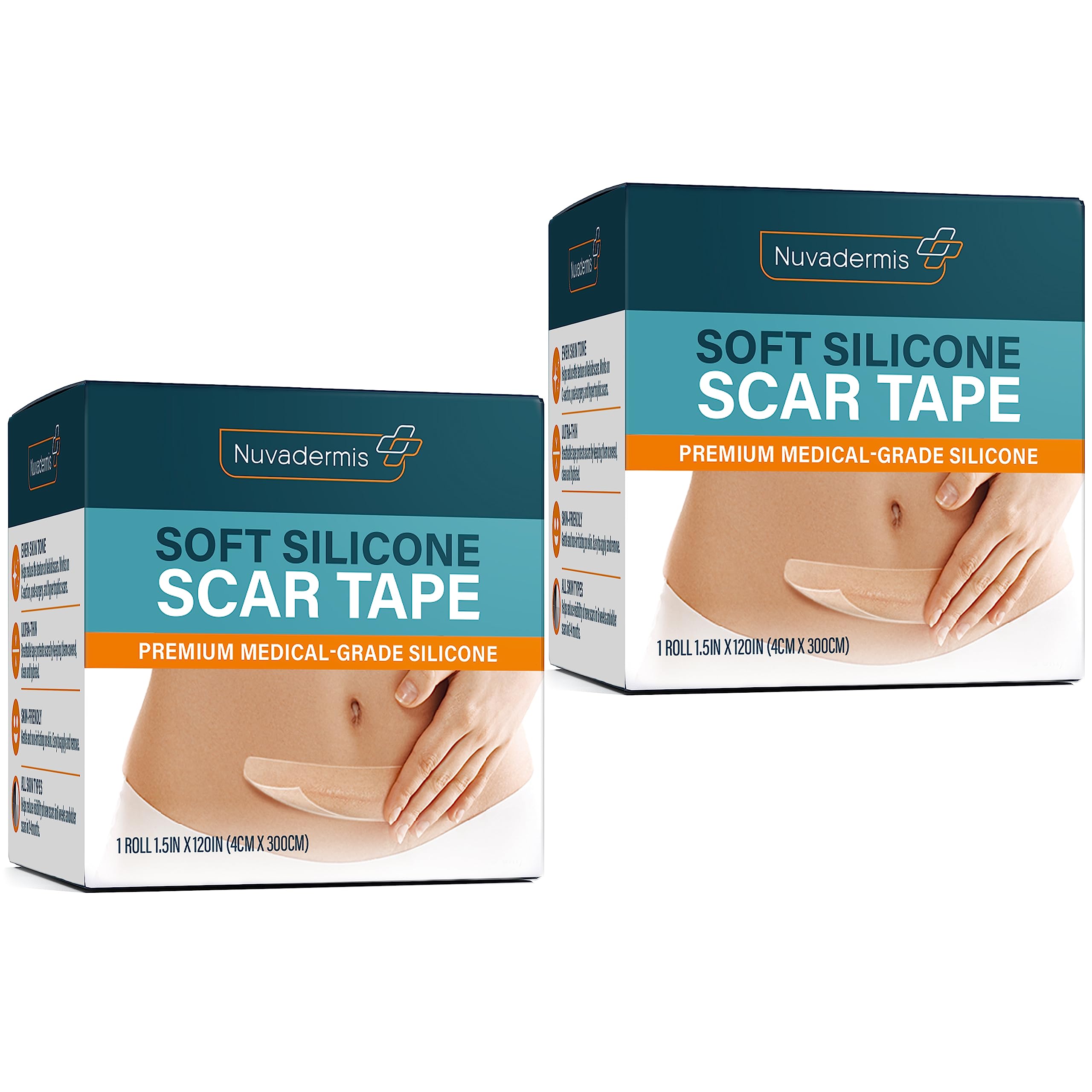NUVADERMIS silicone scar tape roll 120in-1-5in shown for discreet scar coverage and flexible wear.