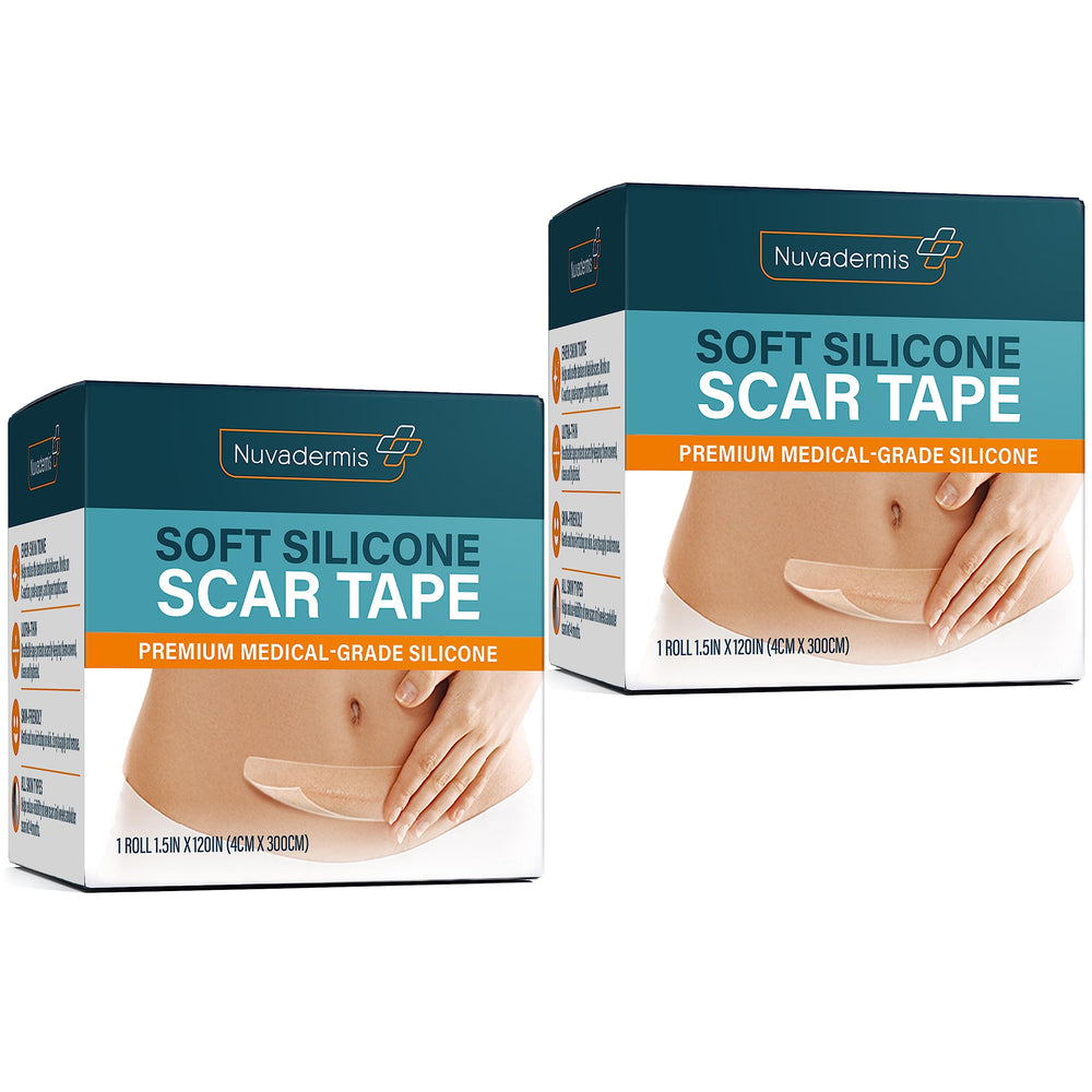 NUVADERMIS silicone scar tape roll 120in-1-5in shown for discreet scar coverage and flexible wear.