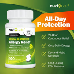 NUVICARE cetirizine 10 mg tablets close-up highlighting active ingredient