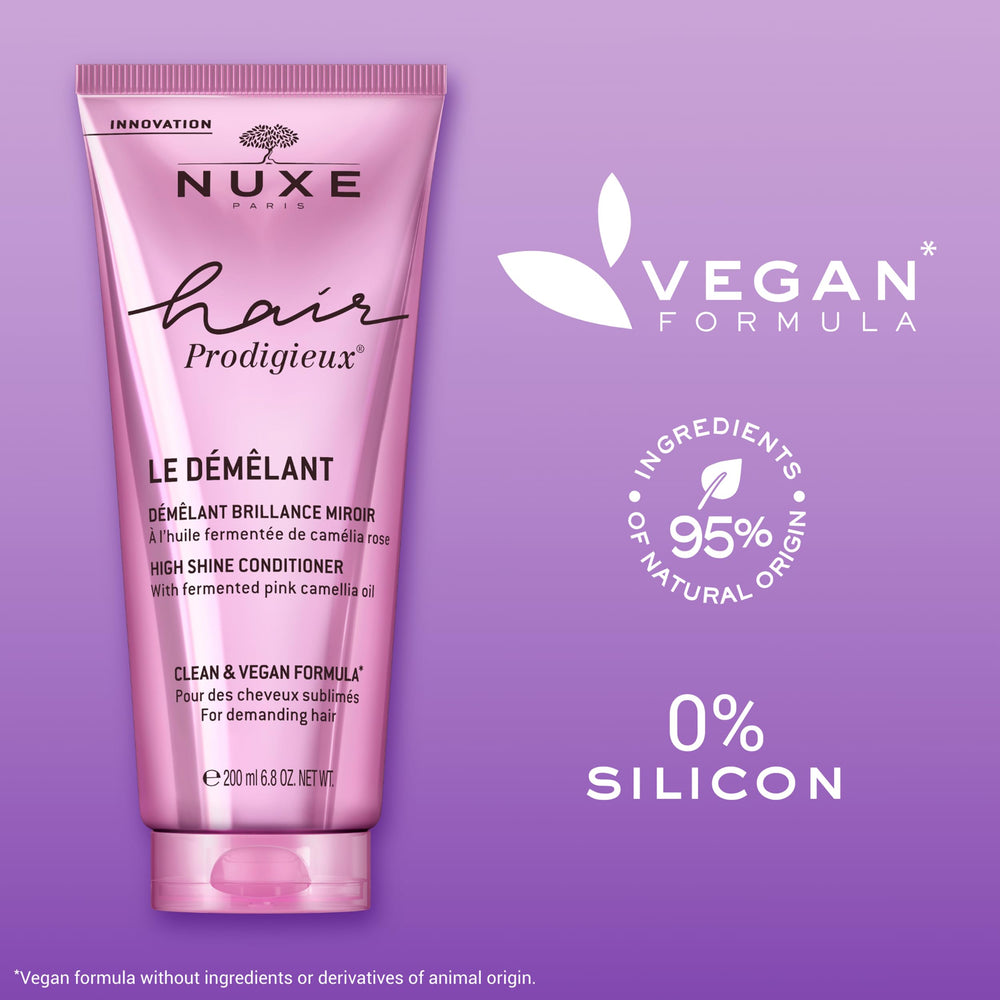 Nuxe Hair Prodigieux High Shine Conditioner on wet hair adds luminous shine.