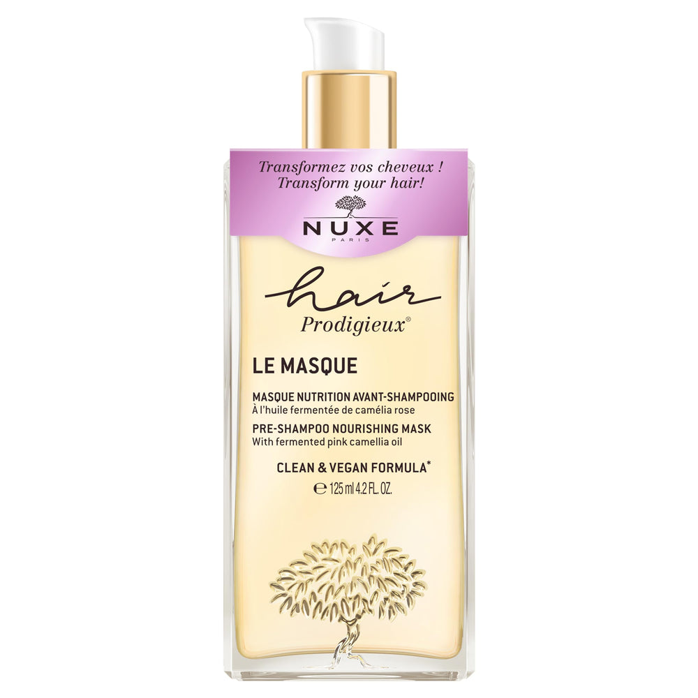 Nuxe Hair Prodigieux pre-shampoo mask bottle ready for pre-wash nourishment