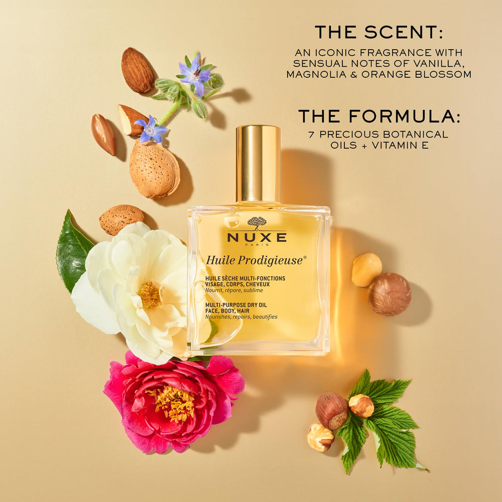 Nuxe Huile Prodigieuse seven-botanical oils blend nourishes skin.