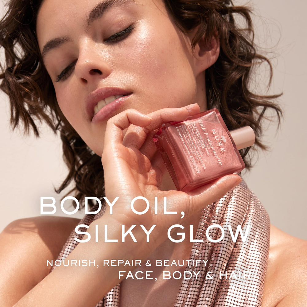 Nuxe Huile Prodigieuse Floral on skin with rose-gold shimmer for a luminous finish