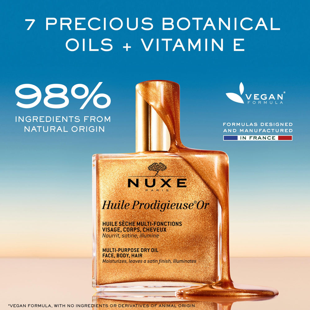 Nuxe Huile Prodigieuse Shimmer on hair provides glossy, silky shine.