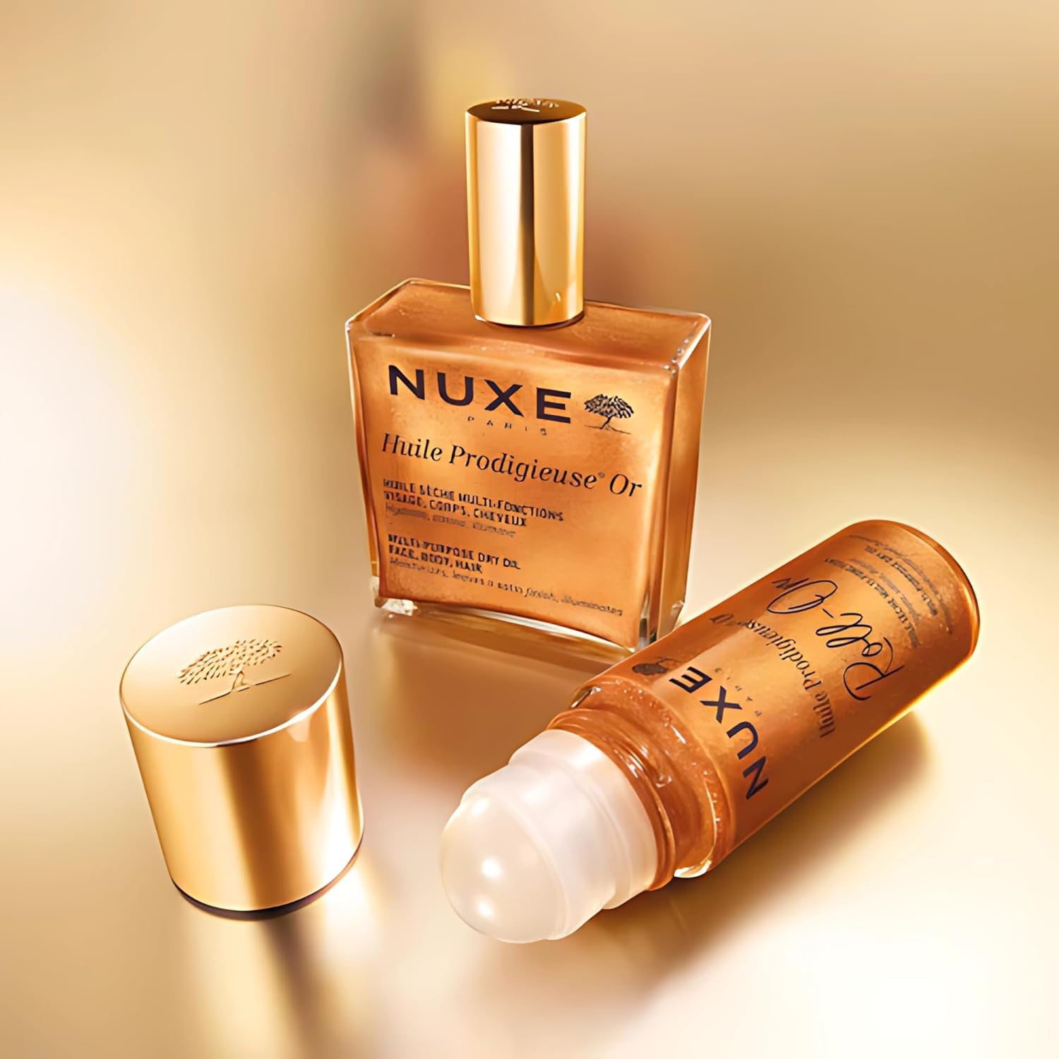 Nuxe Huile Prodigieuse Shimmer roll-on portable format for on-the-go radiance.