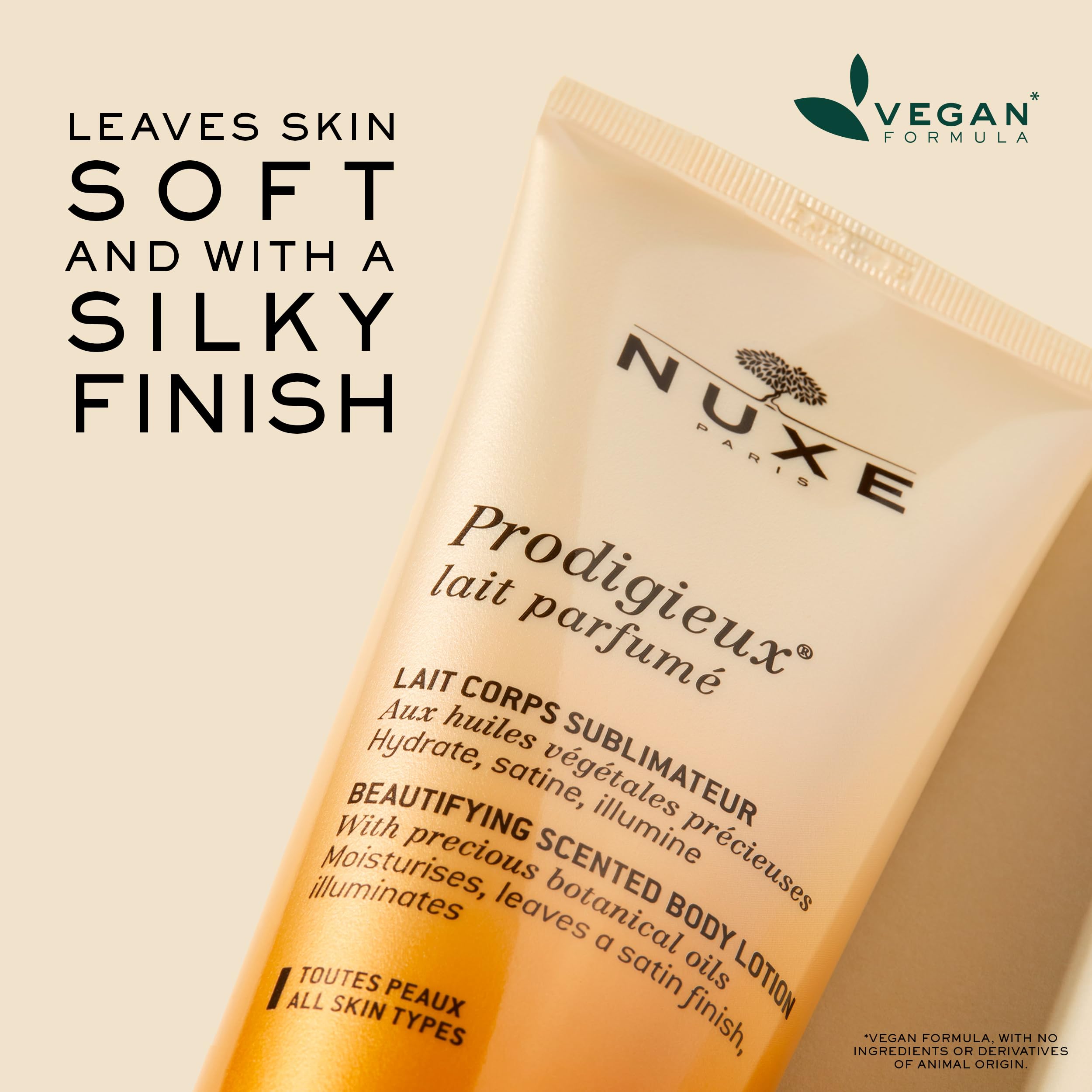 Nuxe Prodigieux Beautifying Lotion natural-origin formula highlights vegan, made-in-France credentials.