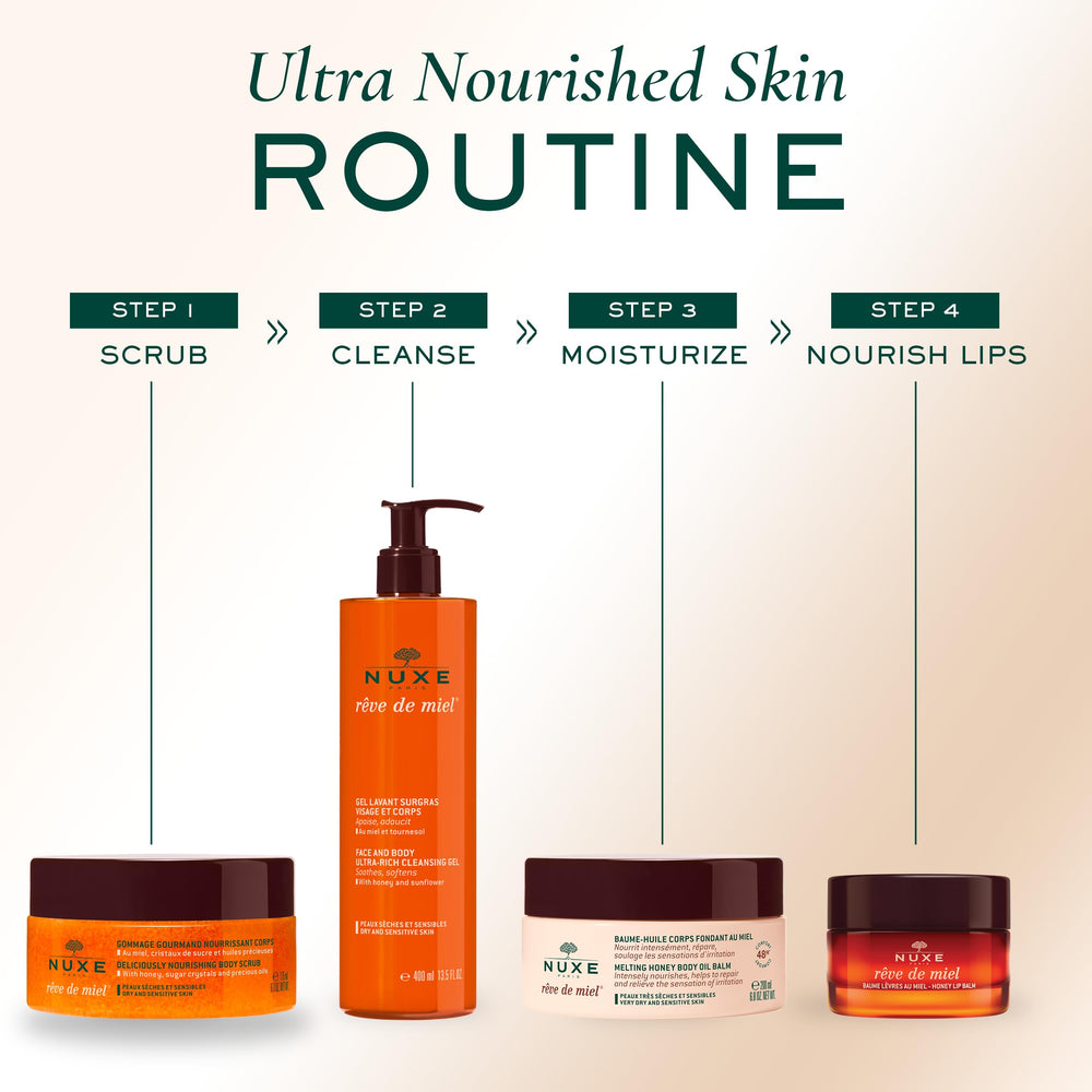 Nuxe Reve de Miel for dry skin support suggests gentle daily cleansing