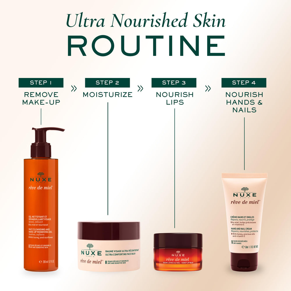 NUXE Rêve de Miel routine shot showing application for dry skin care.