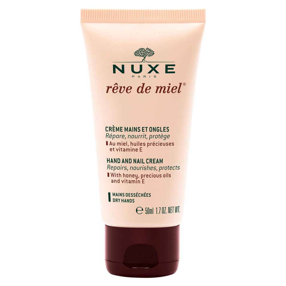 Nuxe Reve de Miel hand cream tube close-up showing silky texture for dry hands.