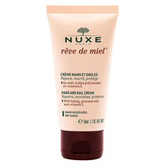 Nuxe Reve de Miel hand cream tube close-up showing silky texture for dry hands.