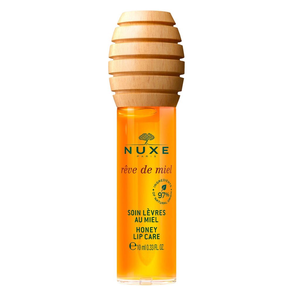 Nuxe Rêve de Miel lip gloss application shows clear, long-lasting shine.