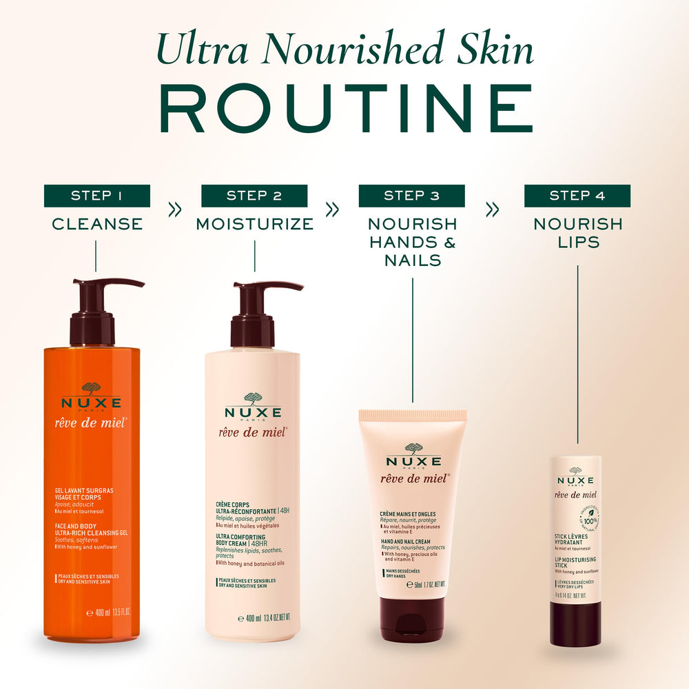 Nuxe Réve de Miel lip stick showcased as ultra-convenient on-the-go format.