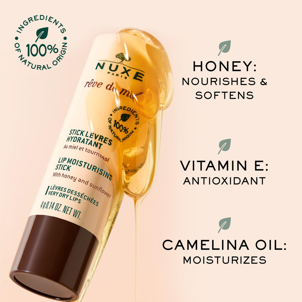 Nuxe Réve de Miel lip stick panel shows shea butter and vitamin E benefits.