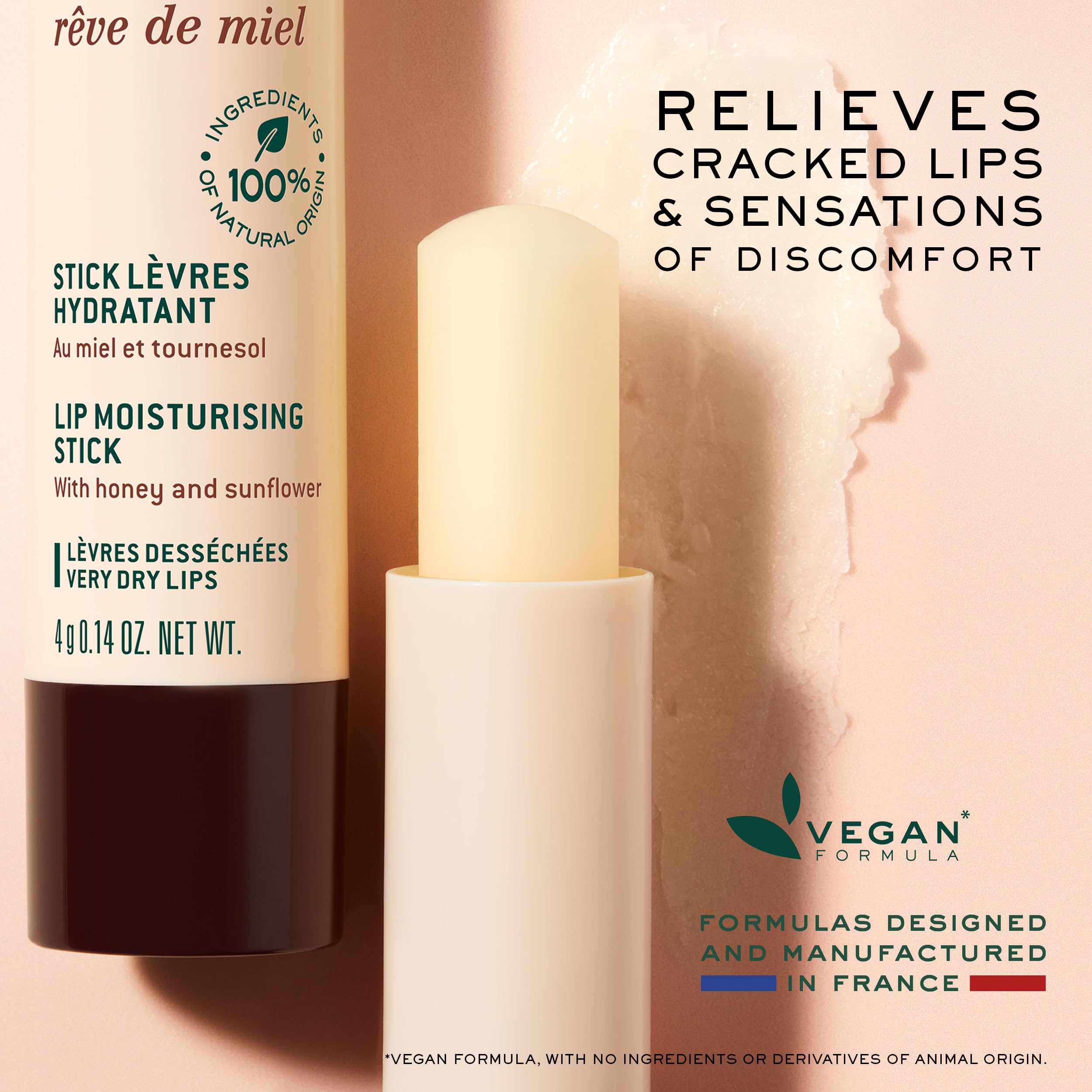 Close-up shows instant soothing hydration from Nuxe Réve de Miel lip stick.