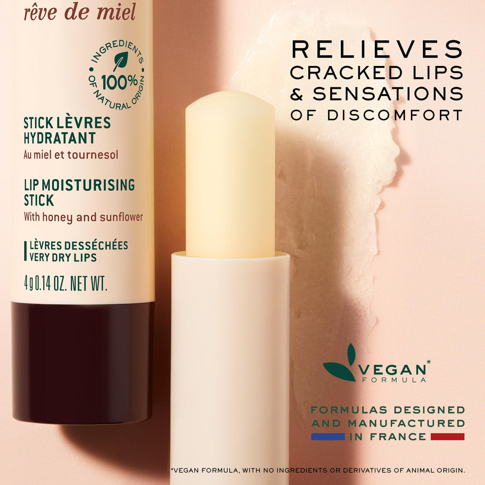 Close-up shows instant soothing hydration from Nuxe Réve de Miel lip stick.