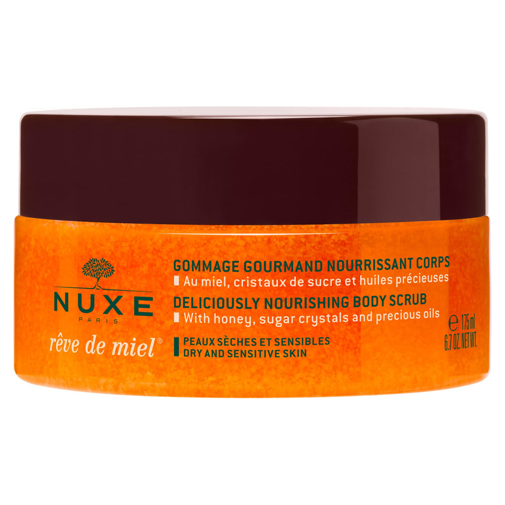 Nuxe Rêve de Miel scrub texture closeup with honey crystals for smoother skin.