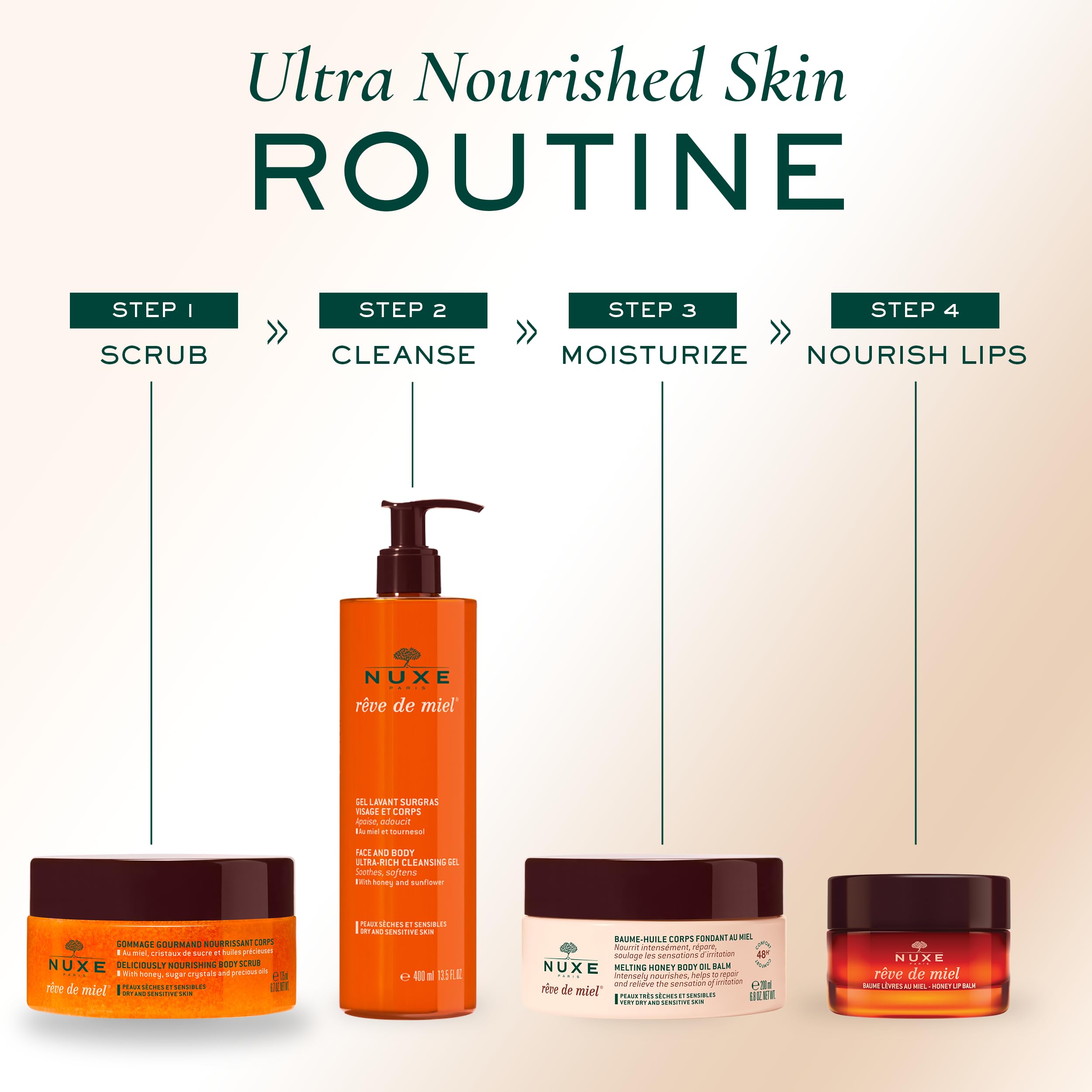 Nuxe Rêve de Miel weekly-use scrub shown in a tub invites a smooth routine.