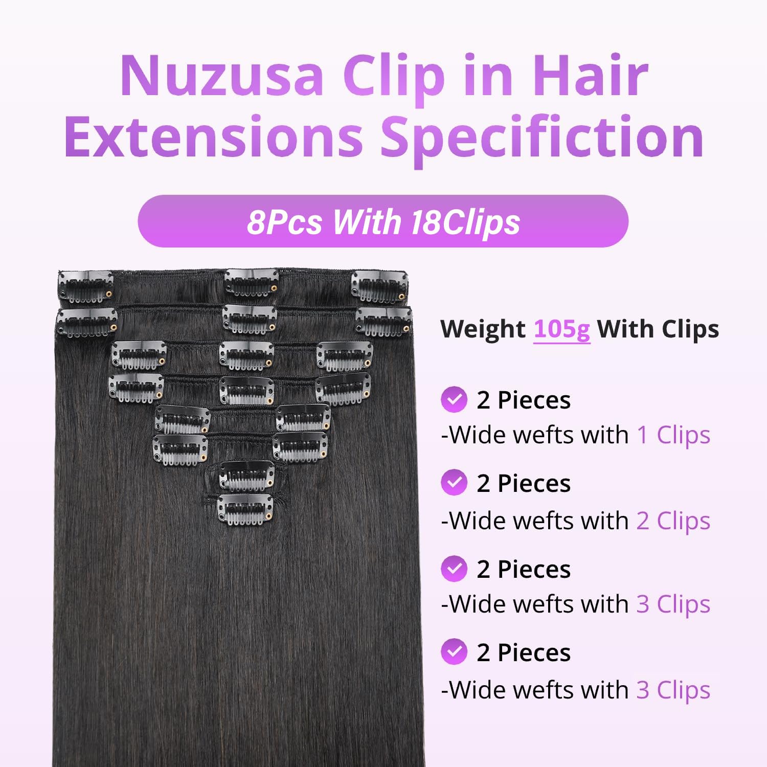 Nuzusa extensiones clip en pelo Remy brasileño, suaves y duraderas para uso diario.