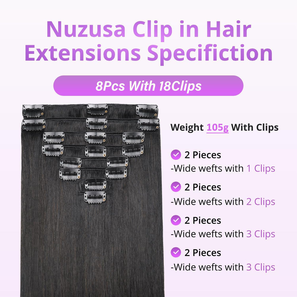 Nuzusa extensiones clip en pelo Remy brasileño, suaves y duraderas para uso diario.