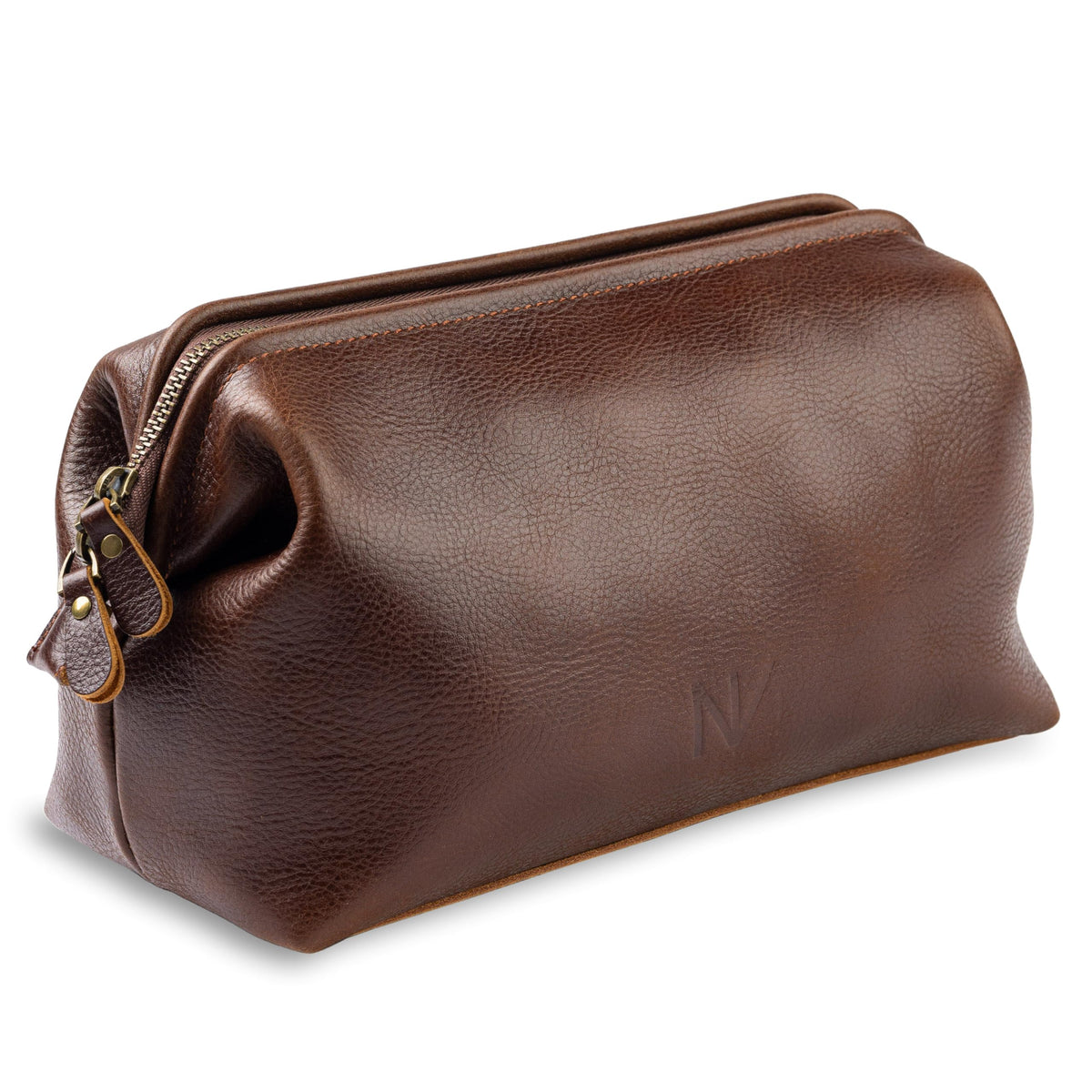 NV Holders premium leather toiletry bag brown front view for timeless travel elegance.