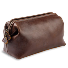 NV Holders premium leather toiletry bag brown front view for timeless travel elegance.