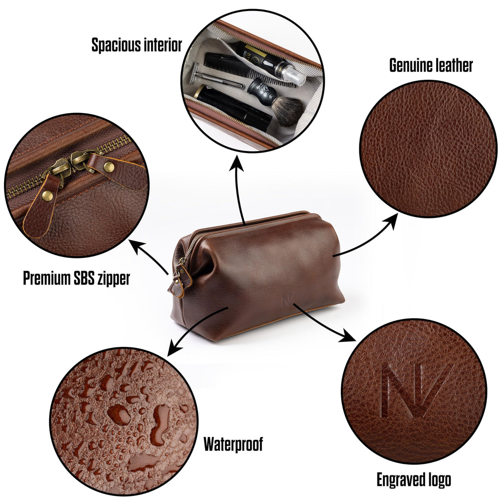 NV Holders brown bag open main compartment shows organized grooming essentials.