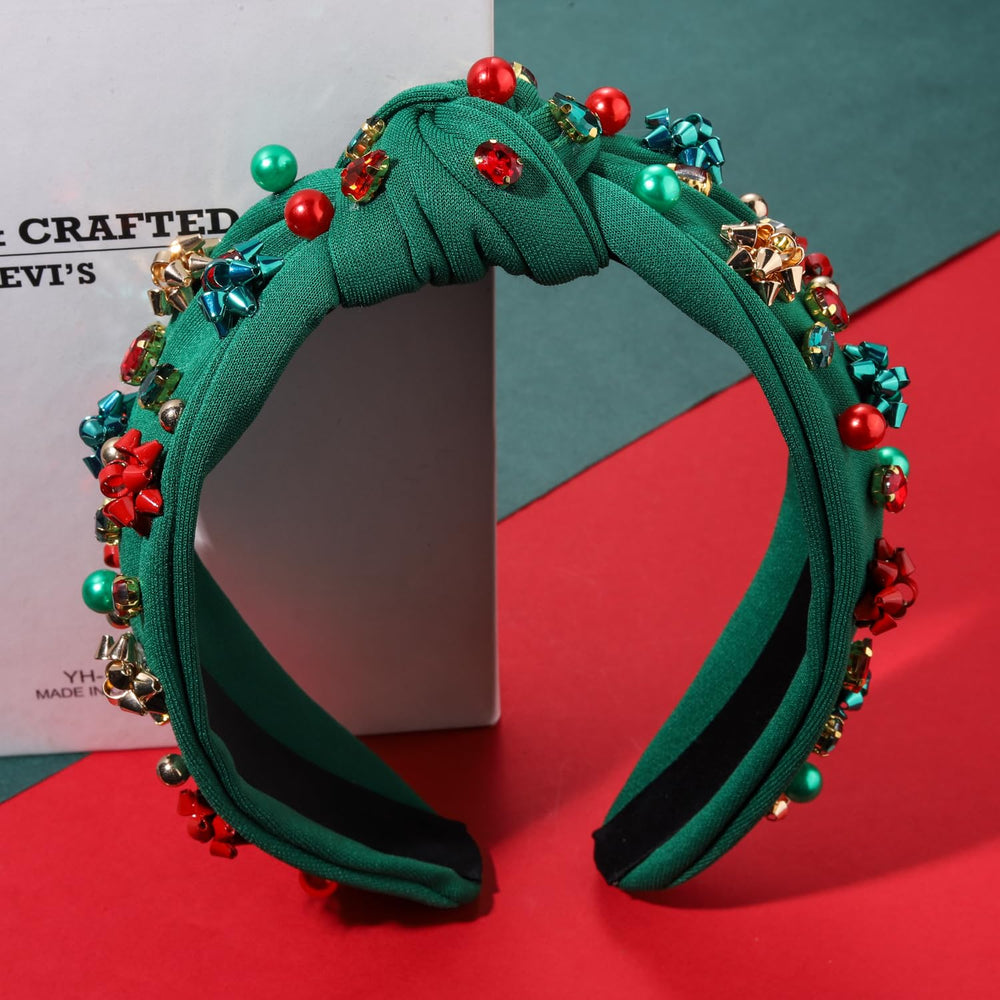 NVENF jeweled plaid headband worn on model for chic holiday look