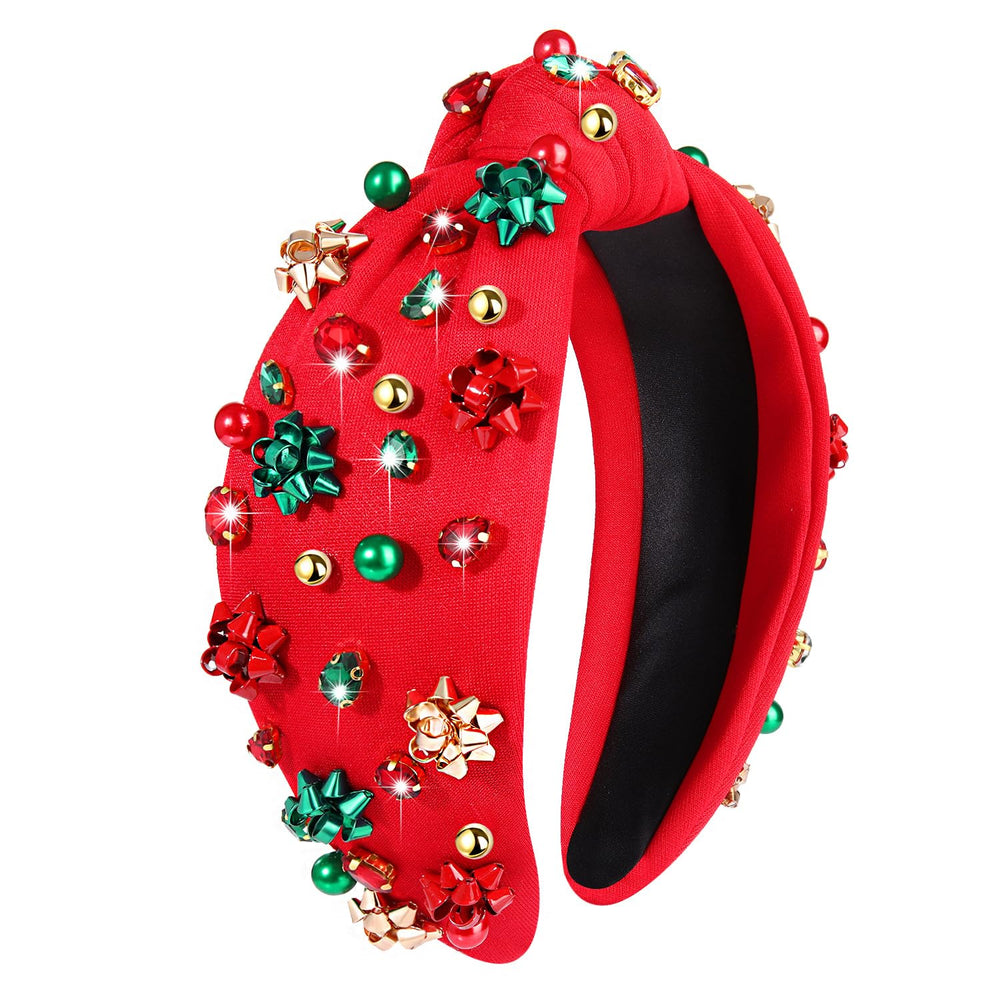 NVENF Jeweled Plaid Headband top knot closeup highlights crystal embellishments for festive styling.