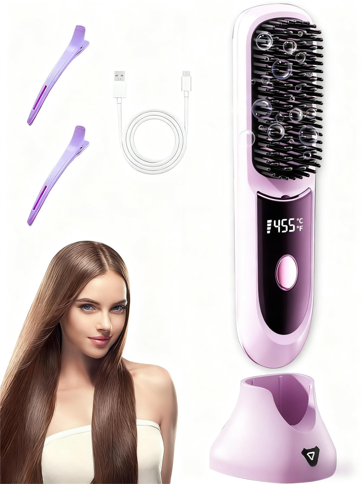 Nvnvske Go Brush Pro cordless styling comb in purple for quick travel-ready straightening