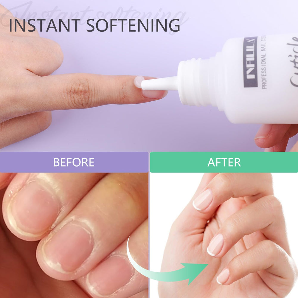 NXJ INFILILA cuticle remover application steps for at-home manicure routine.
