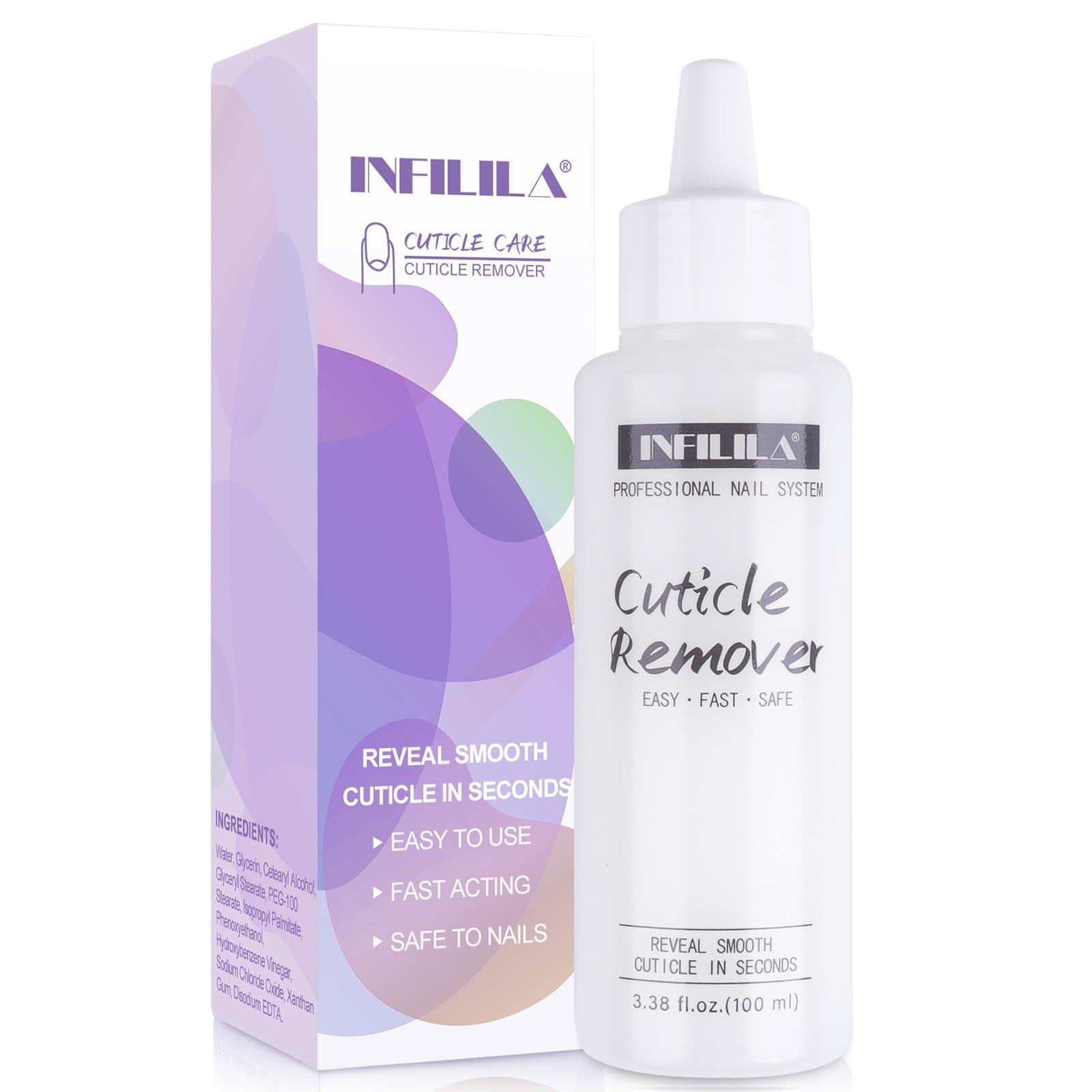 NXJ INFILILA cuticle remover bottle closeup for salon-quality nail care.