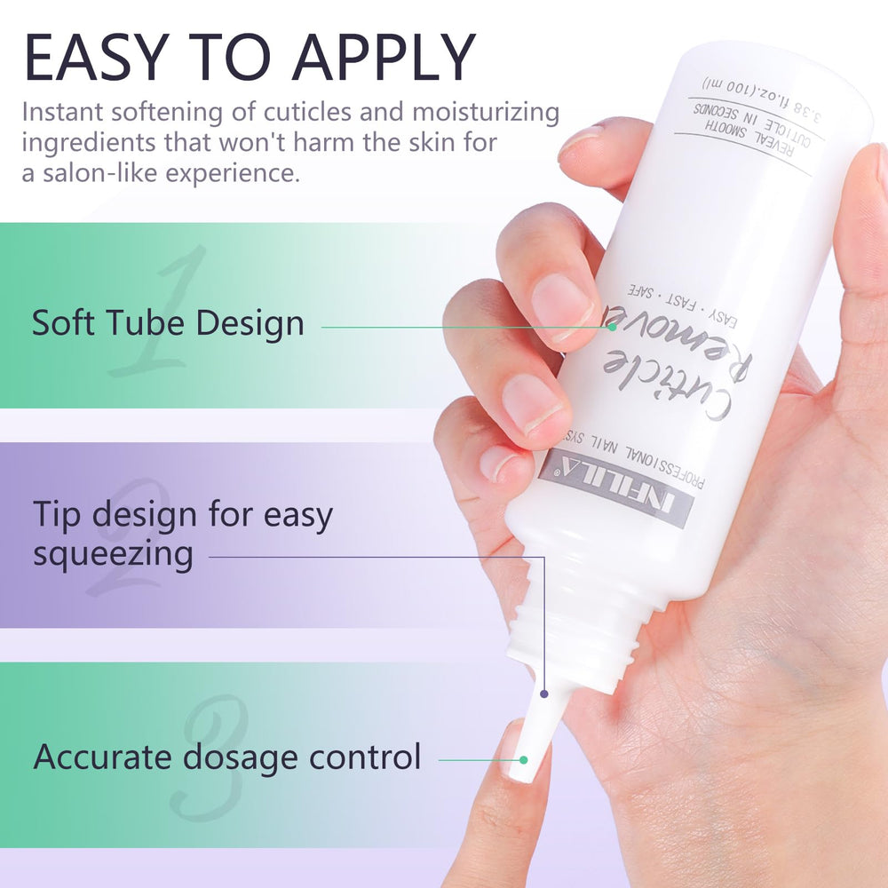 NXJ INFILILA cuticle remover hands and pedicure-ready nails showcase.