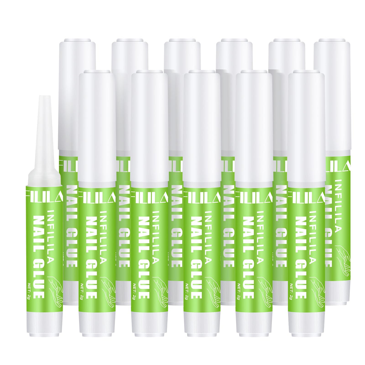 NXJ INFILILA nail glue kit closeup, 12 tubes for DIY and salon use