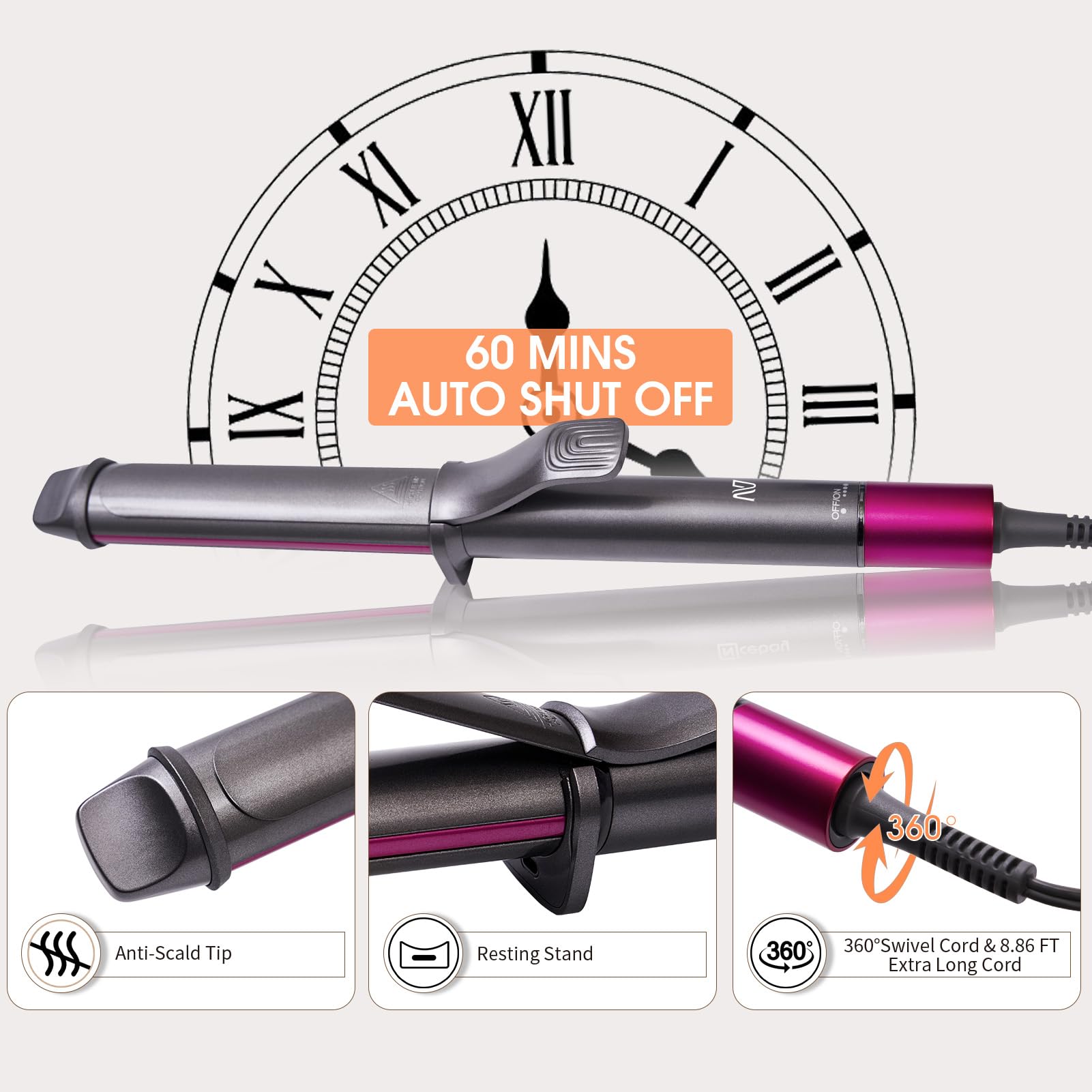 Nycoba curling iron features anti-scald design to minimize risk during use.