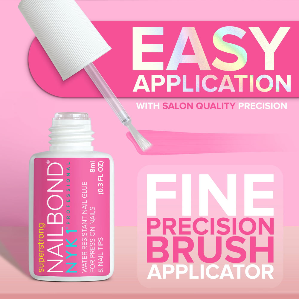 NYK1 NailBond on press-on nails—secure adhesion for lasting wear.