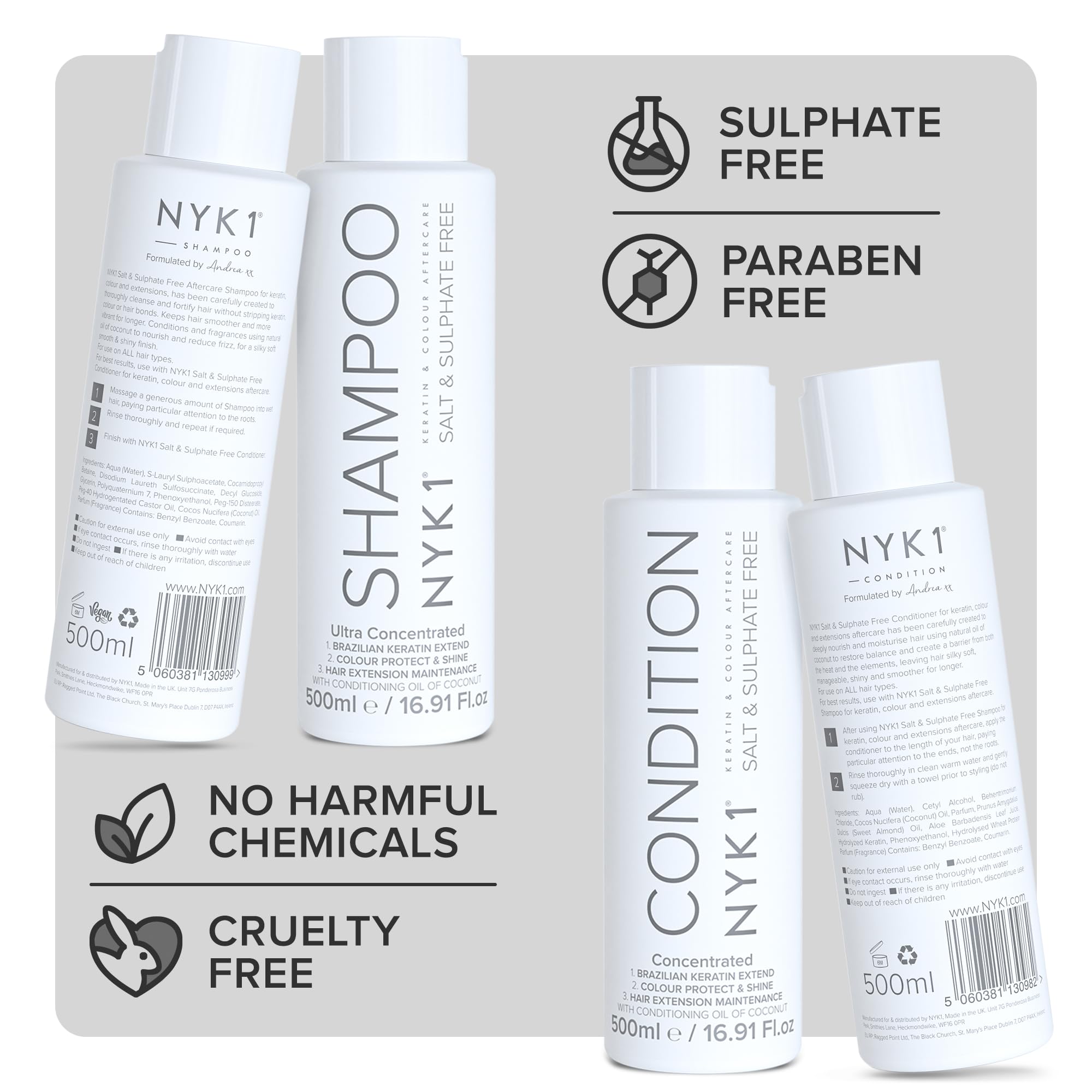NYK1 salt-free and sulfate-free promise label communicates sensitive-skin friendly.