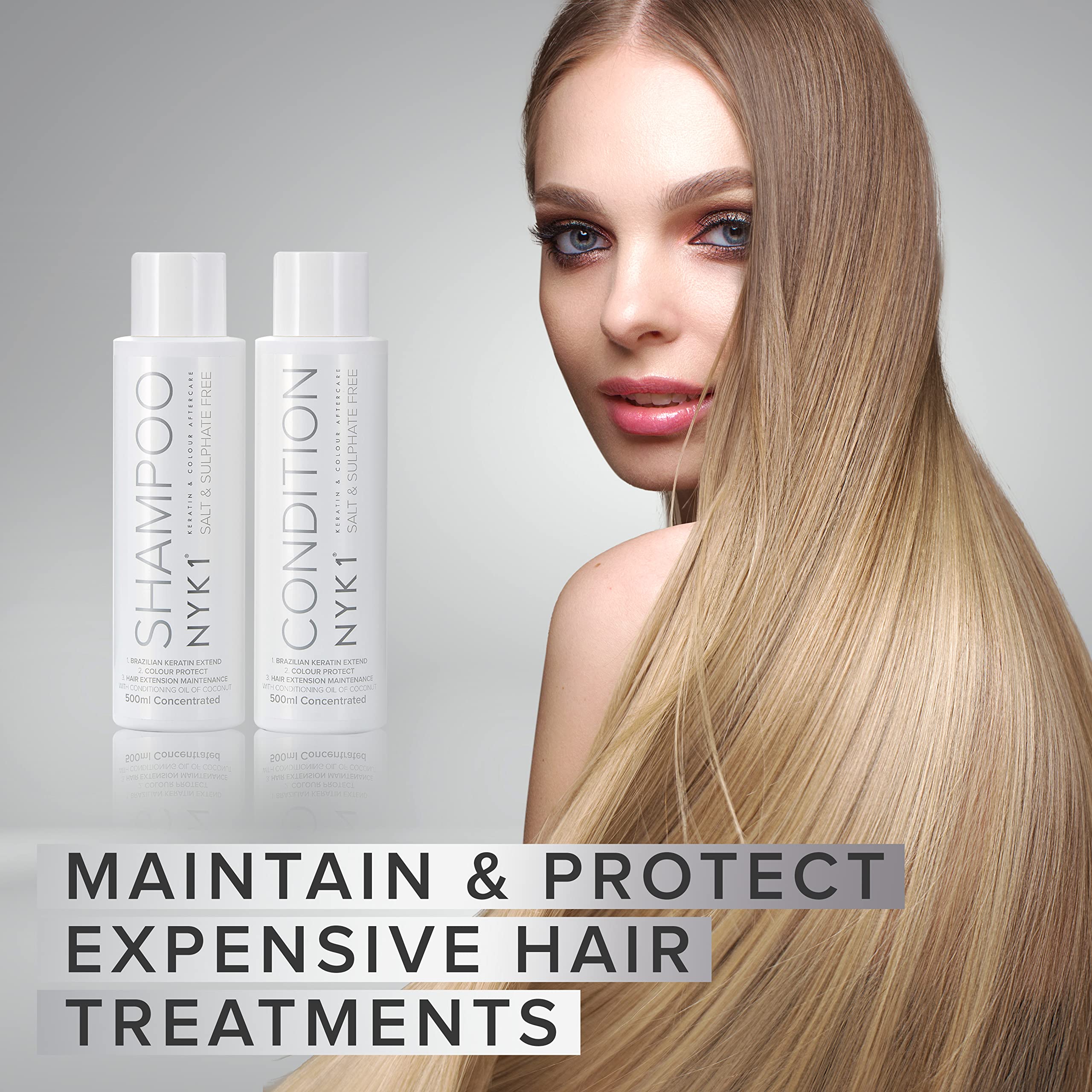 NYK1 sulfate-free conditioner bottle emphasizes moisture retention for treated hair.