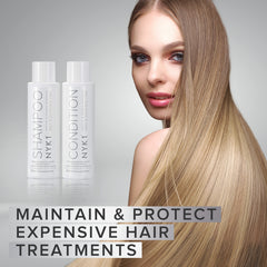 NYK1 sulfate-free conditioner bottle emphasizes moisture retention for treated hair.