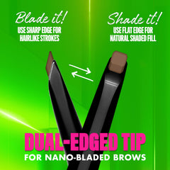 NYX Blade & Shade Brow Pencil 2-in-1 tip blends blade strokes with shaded fill.