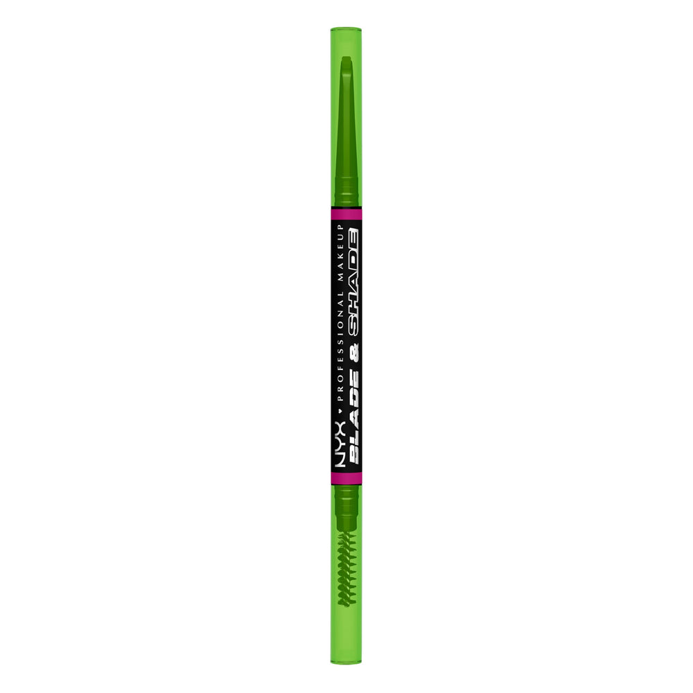 NYX Blade & Shade brow pencil nano-tip close-up showing precise blade-thin strokes for natural brows.