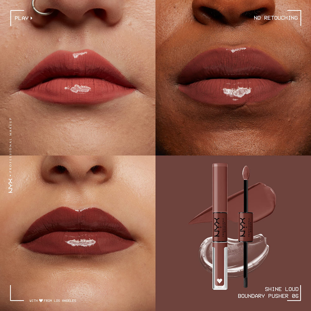 NYX Boundary Pusher lip color closeup shows vibrant warm brown shade.
